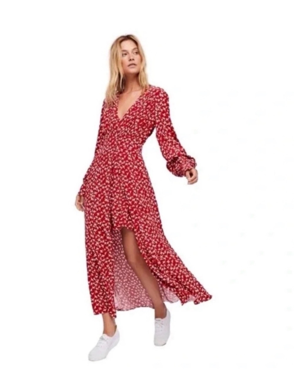 Free People walk with me home red floral birds duster maxi dress